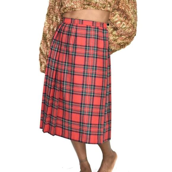 Chaus Tartan Skirt Red Vintage Midi Plaid Check Kilt Pleats Wrap Wool Size Small - Picture 8 of 12